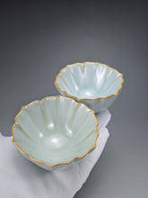 Load image into Gallery viewer, Pair of Matching 100ml Flower Azure Ruyao Teacups 天青汝窑荷叶边对杯
