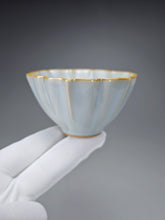 Load image into Gallery viewer, Pair of Matching 100ml Flower Azure Ruyao Teacups 天青汝窑荷叶边对杯
