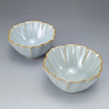 Load image into Gallery viewer, Pair of Matching 100ml Flower Azure Ruyao Teacups 天青汝窑荷叶边对杯
