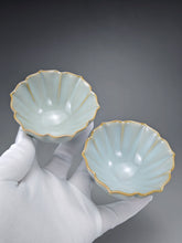 Load image into Gallery viewer, Pair of Matching 100ml Flower Azure Ruyao Teacups 天青汝窑荷叶边对杯
