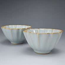 Load image into Gallery viewer, Pair of Matching 100ml Flower Azure Ruyao Teacups 天青汝窑荷叶边对杯
