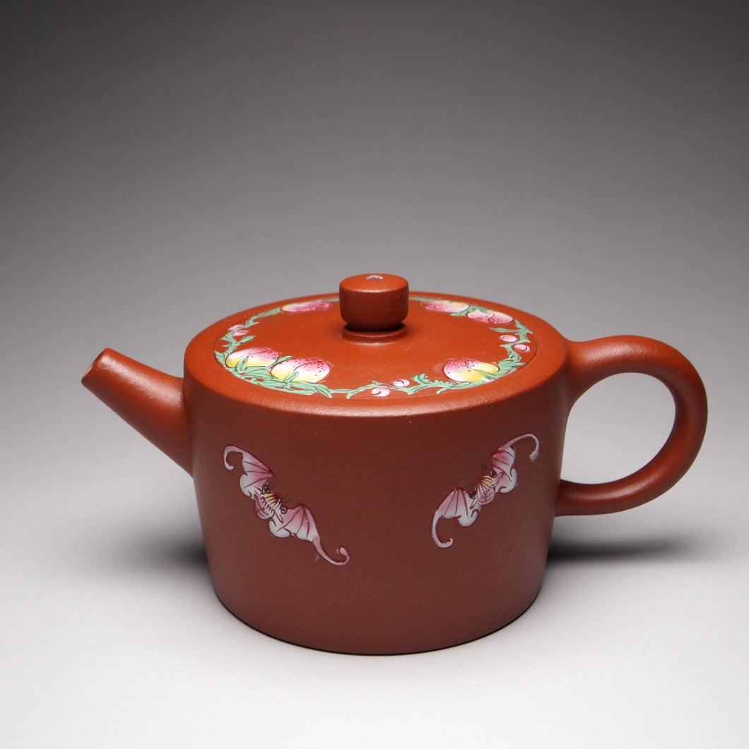 Xiao Hongni Zhitong Yixing Teapot with Diancai Bats and Peaches 点彩小红泥直筒 100ml