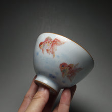 Load image into Gallery viewer, 135ml Hand Painted Double Goldfish Moon White Ruyao Chicken Heart Teacup 汝窑月白双鱼杯

