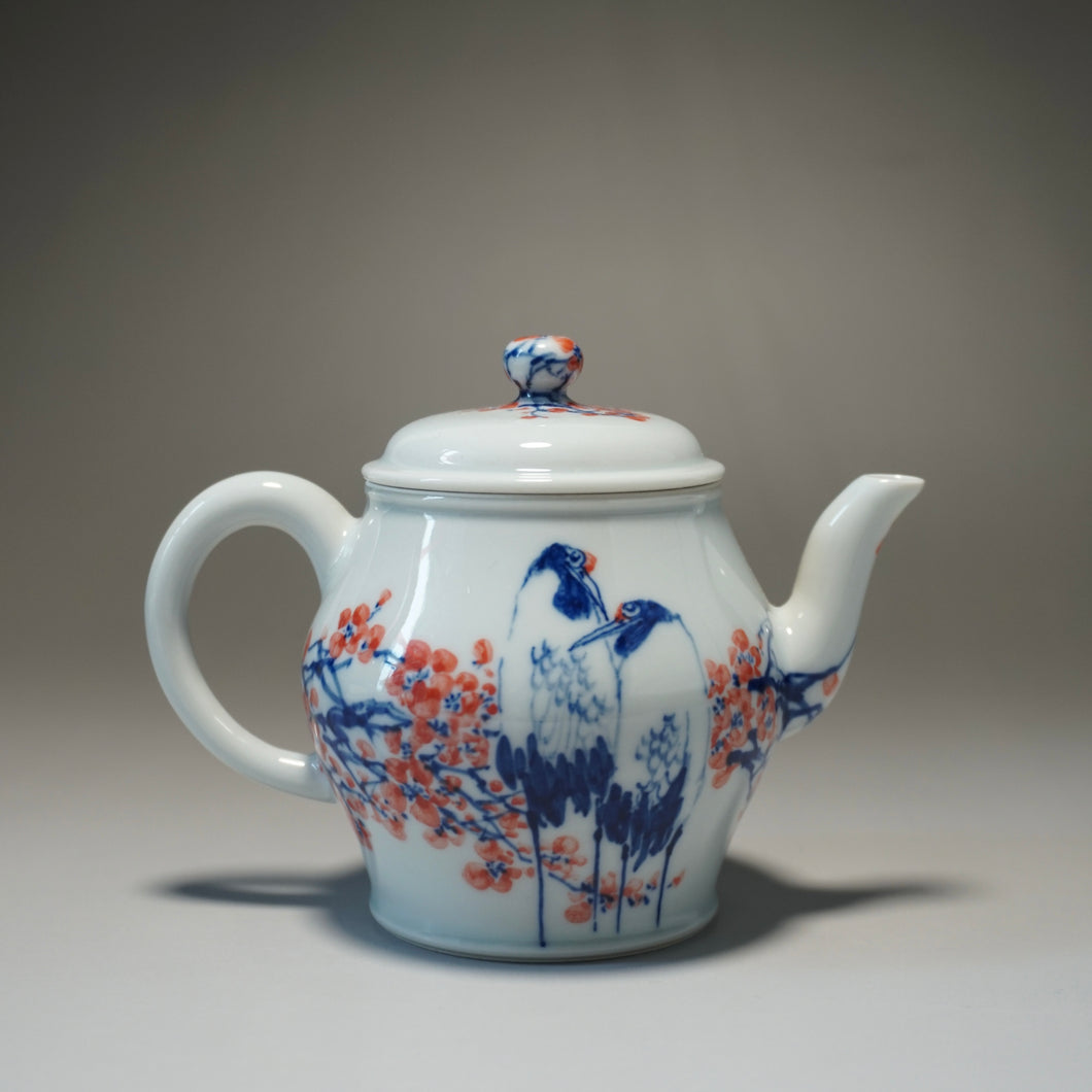 Qinghua Blossoms and Cranes Jingdezhen Fine Porcelain Teapot by Master KuangShi 150ml