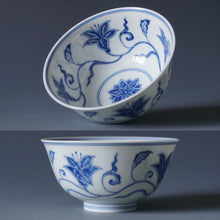 Load image into Gallery viewer, Wood Fired Qinghua Lillies Jingdezhen Porcelain Teacup 柴窑青花百合杯 140ml
