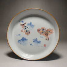 Load image into Gallery viewer, Moon White Ruyao Saucer with Gold Fish 青花月白汝窑双鱼壶承
