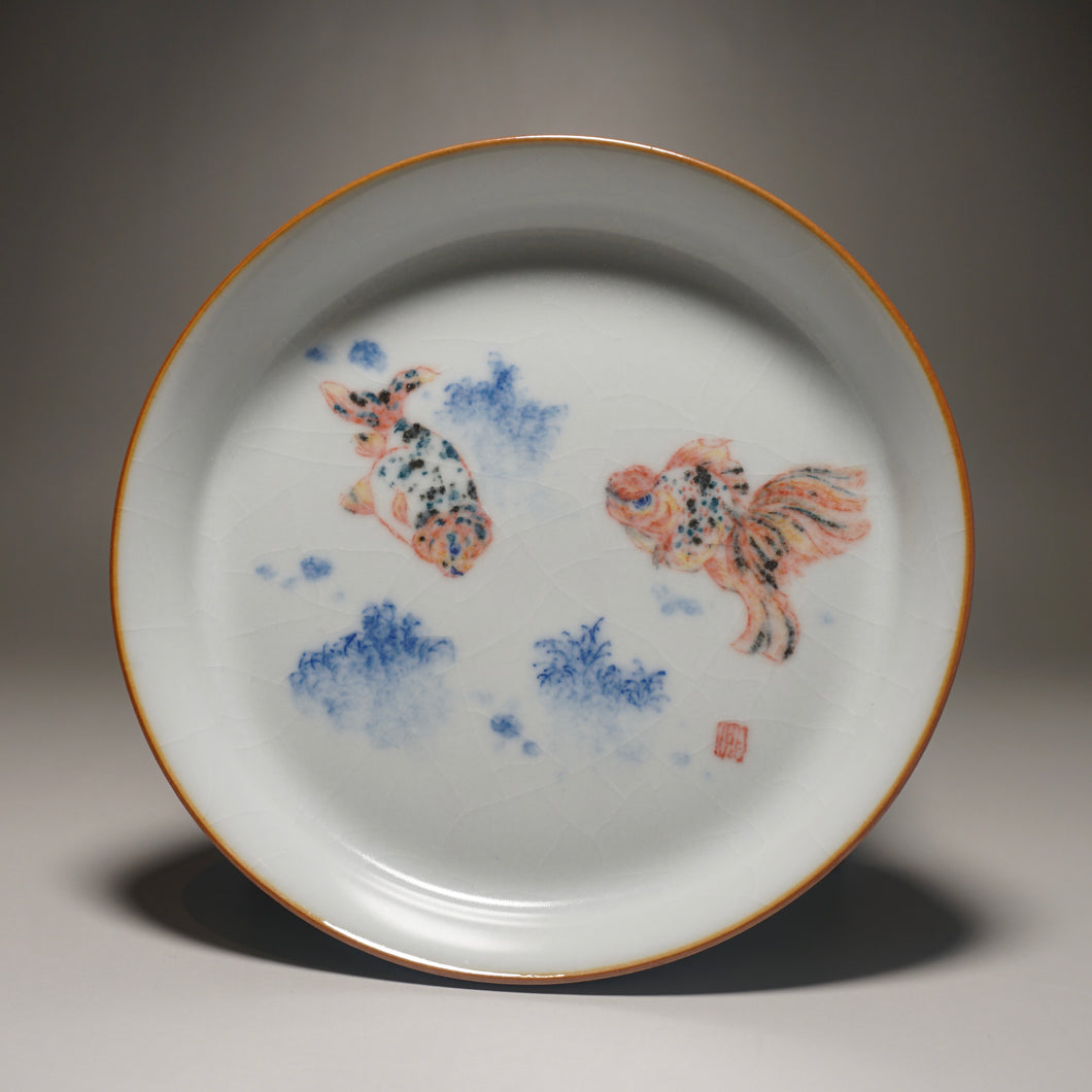 Moon White Ruyao Saucer with Gold Fish 青花月白汝窑双鱼壶承