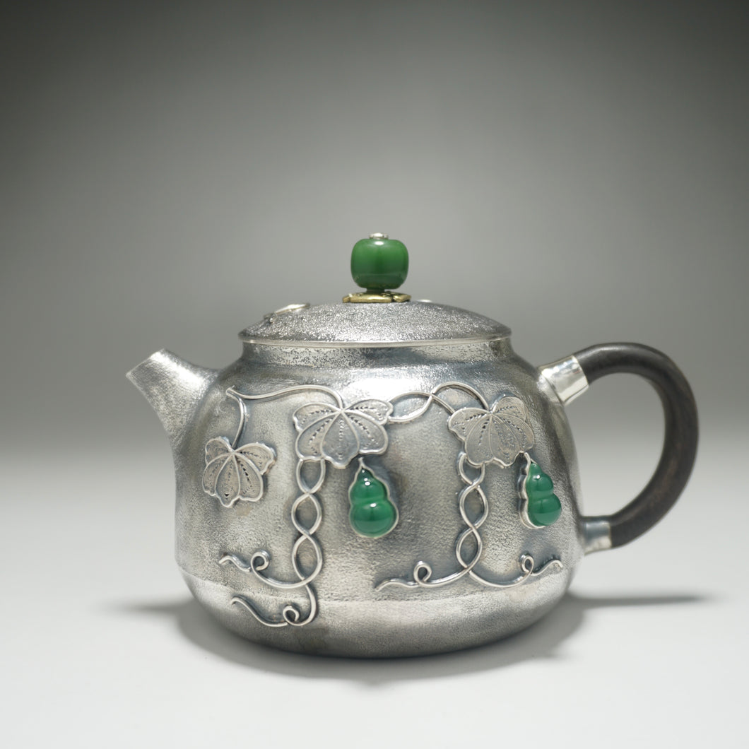 999 Pure Silver Handmade Jade Gourd Teapot with Silver Wire Inlay 全手工掐丝镶玉葫芦藤银壶 230ml