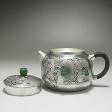 Load image into Gallery viewer, 999 Pure Silver Handmade Jade Gourd Teapot with Silver Wire Inlay 全手工掐丝镶玉葫芦藤银壶 230ml
