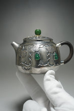 Load image into Gallery viewer, 999 Pure Silver Handmade Jade Gourd Teapot with Silver Wire Inlay 全手工掐丝镶玉葫芦藤银壶 230ml
