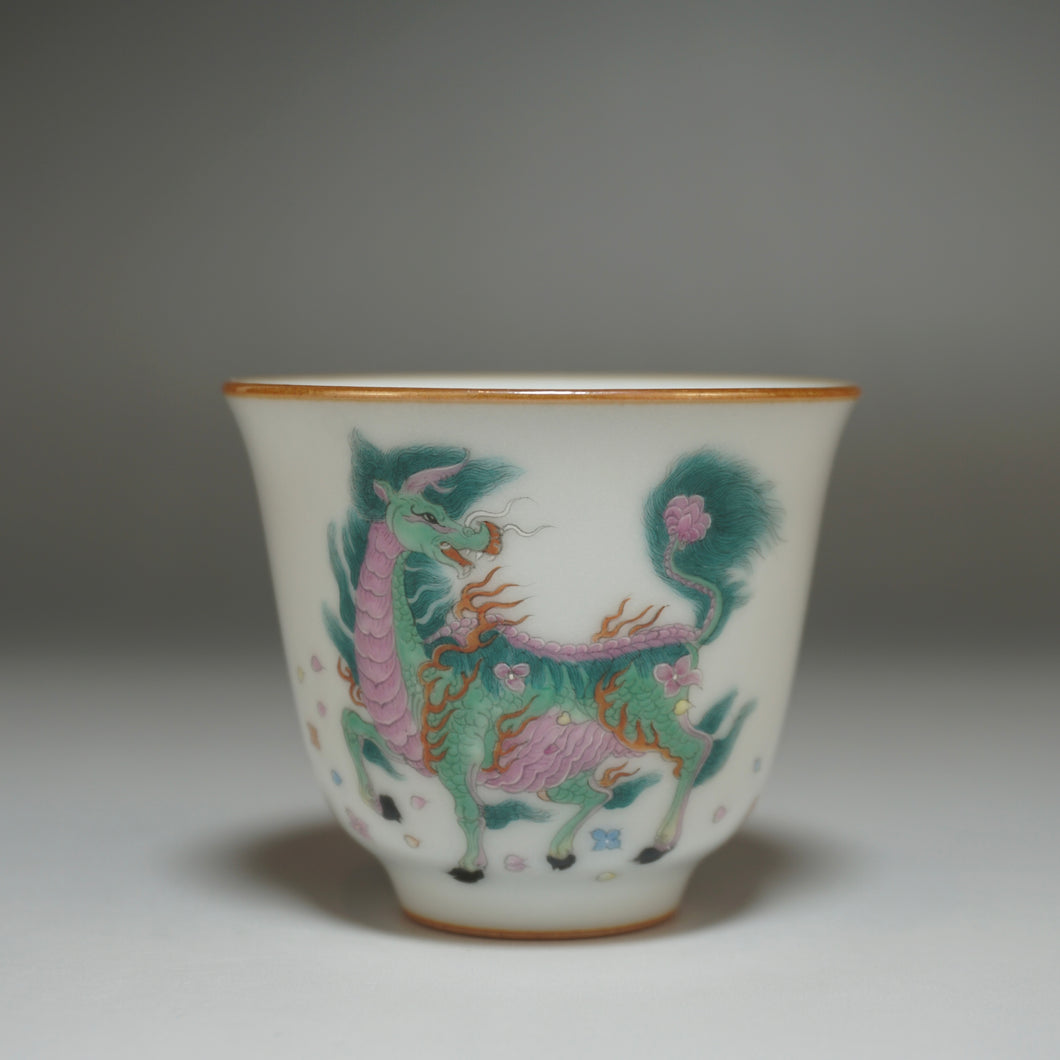 Fencai Hand Painted Kirin Moon White Ruyao Teacup 粉彩麒麟杯 55ml