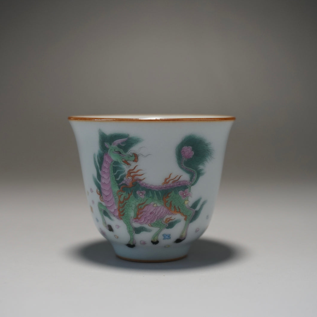 Fencai Hand Painted Kirin Moon White Ruyao Teacup 粉彩麒麟杯 55ml