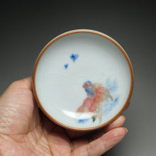 Load image into Gallery viewer, 60ml Hand Painted Goldfish Moon White Ruyao Flat Teacup 汝窑月白金鱼扁杯
