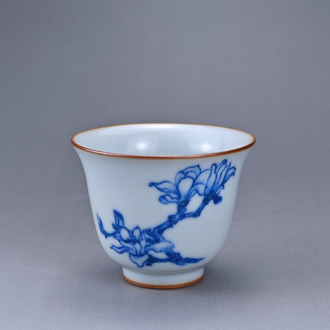 75ml Qinghua Magnolia Moon White Ruyao Bell Teacup 汝窑青花手绘花卉