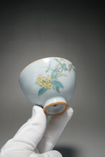 Load image into Gallery viewer, Fencai Hand Painted Birds on a Branch Moon White Ruyao Teacup 粉彩琵琶鸟杯 75ml
