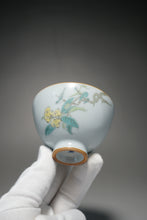 Load image into Gallery viewer, Fencai Hand Painted Birds on a Branch Moon White Ruyao Teacup 粉彩琵琶鸟杯 75ml
