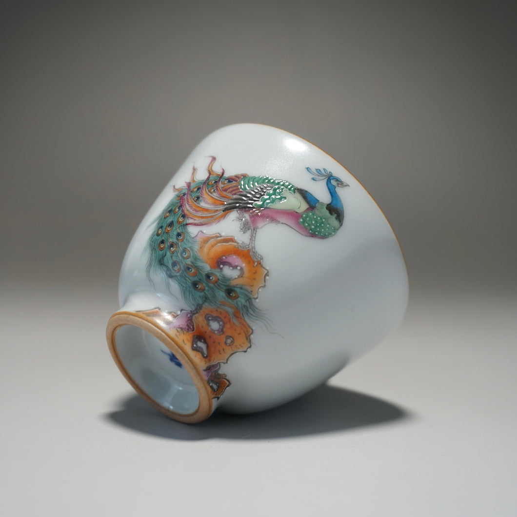 Fencai Hand Painted Peacock Moon White Ruyao Teacup No.2 粉彩孔雀杯 75ml
