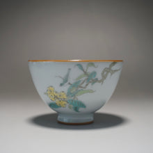 Load image into Gallery viewer, Fencai Hand Painted Birds on a Branch Moon White Ruyao Teacup 粉彩琵琶鸟杯 75ml
