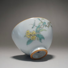 Load image into Gallery viewer, Fencai Hand Painted Birds on a Branch Moon White Ruyao Teacup 粉彩琵琶鸟杯 75ml
