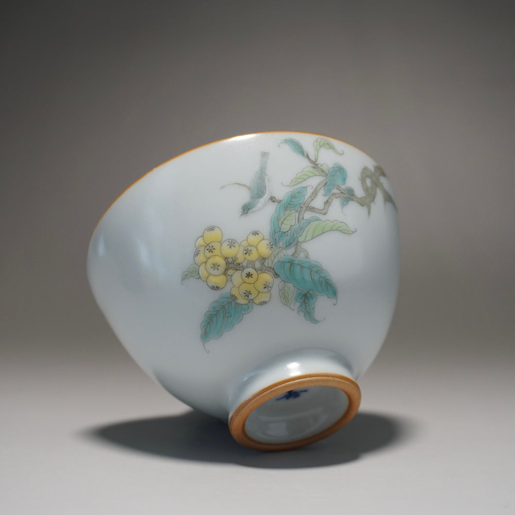 Fencai Hand Painted Birds on a Branch Moon White Ruyao Teacup 粉彩琵琶鸟杯 75ml