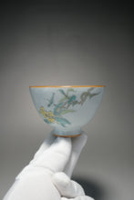 Load image into Gallery viewer, Fencai Hand Painted Birds on a Branch Moon White Ruyao Teacup 粉彩琵琶鸟杯 75ml
