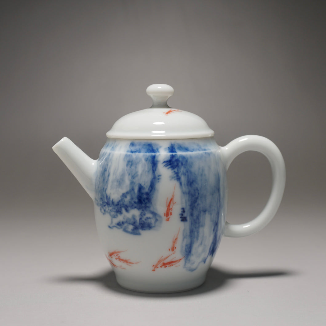 Qinghua Koi Jingdezhen Fine Porcelain Teapot by Master KuangShi 青花匡石手绘高士壶-锦鲤 85ml