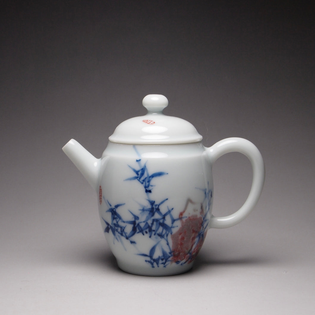 Qinghua Youlihong Bamboo Motif Jingdezhen Porcelain Teapot 青花釉里红高仕壶 85ml