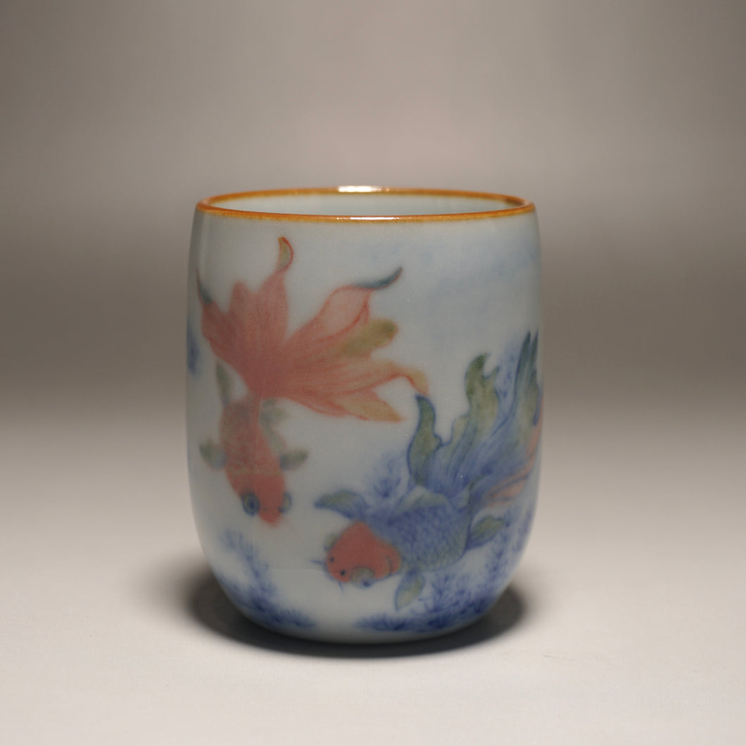 90ml Qinghua Two Goldfish Moon White Ruyao Teacup 月白青花金鱼杯