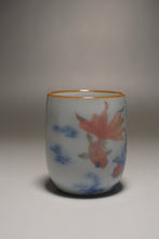 Load image into Gallery viewer, 90ml Qinghua Two Goldfish Moon White Ruyao Teacup 月白青花金鱼杯
