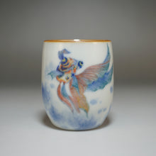 Load image into Gallery viewer, 90ml Qinghua Goldfish Moon White Ruyao Teacup 月白青花金鱼杯
