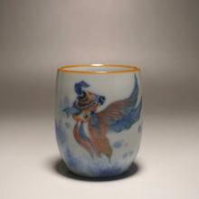 Load image into Gallery viewer, 90ml Qinghua Goldfish Moon White Ruyao Teacup 月白青花金鱼杯
