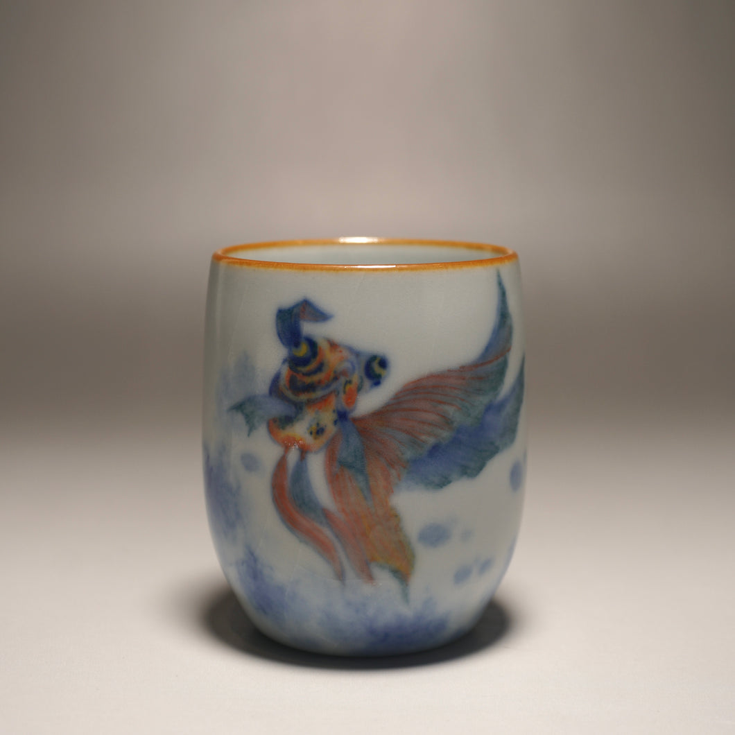 90ml Qinghua Goldfish Moon White Ruyao Teacup 月白青花金鱼杯
