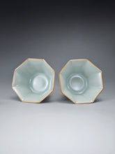 Load image into Gallery viewer, Pair of Matching 90ml Octagon Azure Ruyao Teacups 天青汝窑八角对杯
