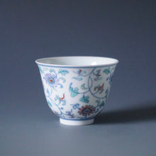 Load image into Gallery viewer, Wood Fired Doucai Flowers Jingdezhen Porcelain Teacup 柴窑斗彩菊花杯 90ml
