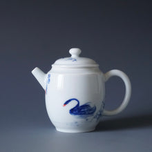 Load image into Gallery viewer, Qinghua Swans Jingdezhen Fine Porcelain Teapot by Master KuangShi 青花匡石手绘天鹅高仕壶 95ml
