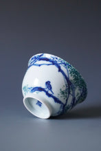 Load image into Gallery viewer, 115ml Qinghua Bird and Branches Jingdezhen Porcelain Teacup by KuangShi 青花匡石手绘枝鸟杯
