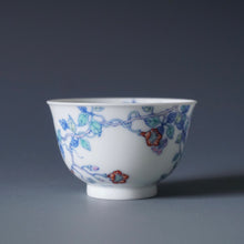 Load image into Gallery viewer, Wood Fired Doucai Morning Glory Jingdezhen Porcelain Teacup 柴窑斗彩牵牛花杯 115ml
