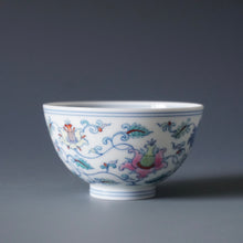 Load image into Gallery viewer, Wood Fired Doucai Lotus Scroll Jingdezhen Porcelain Chicken Heart Teacup 斗彩柴窑缠枝莲鸡心杯 100ml
