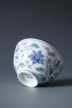 Load image into Gallery viewer, Wood Fired Doucai Lotus Scroll Jingdezhen Porcelain Chicken Heart Teacup 斗彩柴窑缠枝莲鸡心杯 100ml
