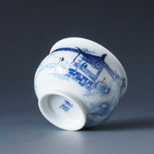 Load image into Gallery viewer, 80ml Qinghua Hometown Courtyard Porcelain Teacup by KuangShi 青花匡石故乡庭院杯
