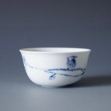 Load image into Gallery viewer, 85ml Qinghua Plum Blossoms and Birds Porcelain Teacup by KuangShi 青花匡石手绘梅花三鸟杯
