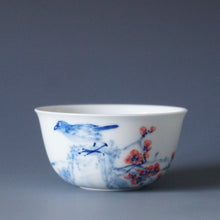 Load image into Gallery viewer, 85ml Qinghua Birds and Flowers Bringing Spring Porcelain Teacup by KuangShi 青花匡石手绘花鸟开春杯
