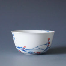Load image into Gallery viewer, 85ml Qinghua Birds and Flowers Bringing Spring Porcelain Teacup by KuangShi 青花匡石手绘花鸟开春杯
