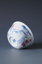 Load image into Gallery viewer, 85ml Qinghua Birds and Flowers Bringing Spring Porcelain Teacup by KuangShi 青花匡石手绘花鸟开春杯
