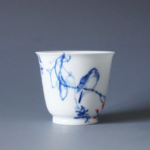 Load image into Gallery viewer, 85ml Qinghua Flowers and Birds Porcelain Lingyun Teacup by KuangShi 青花匡石手绘花鸟凌云杯
