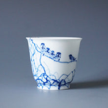 Load image into Gallery viewer, 85ml Qinghua Birds on the Tree Porcelain Teacup by KuangShi 青花匡石手绘花鸟麻雀杯
