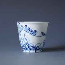 Load image into Gallery viewer, 85ml Qinghua Birds on the Tree Porcelain Teacup by KuangShi 青花匡石手绘花鸟麻雀杯
