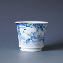 Load image into Gallery viewer, 85ml Qinghua Water Town Jingdezhen Porcelain Teacup by KuangShi 青花匡石手绘水乡杯
