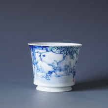 Load image into Gallery viewer, 85ml Qinghua Water Town Jingdezhen Porcelain Teacup by KuangShi 青花匡石手绘水乡杯
