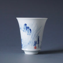Load image into Gallery viewer, 60ml Qinghua Early Spring Sparrow Jingdezhen Porcelain Teacup by KuangShi 青花匡石手绘麻雀春早杯
